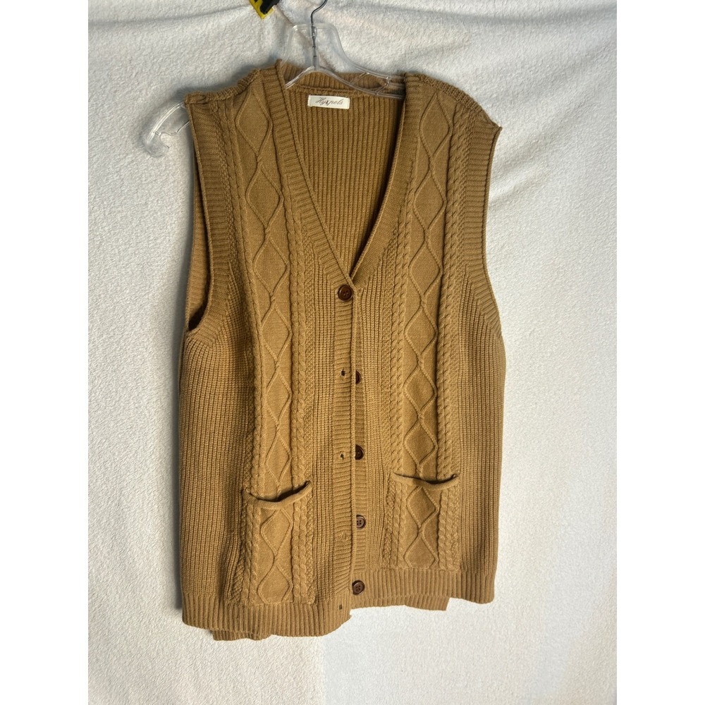 Hyspels Camel Brown Cable Knit Cardigan Vest V-Neck Button Front Pockets